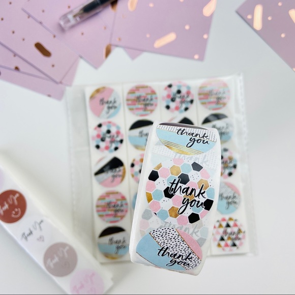 500 Thank You Stickers. Pink Black Gold Mixed Pattern. Envelope Seals 1 Roll. - Picture 4 of 9